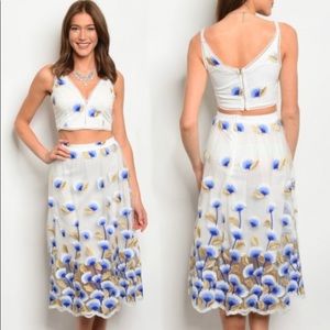 Falling Blue White Ginkgo 2 Piece Skirt Top Set L